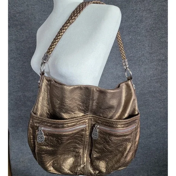 Vintage Brighton‎ Bronze Metallic Leather Hobo Large Bag Braided Strap Shoulder