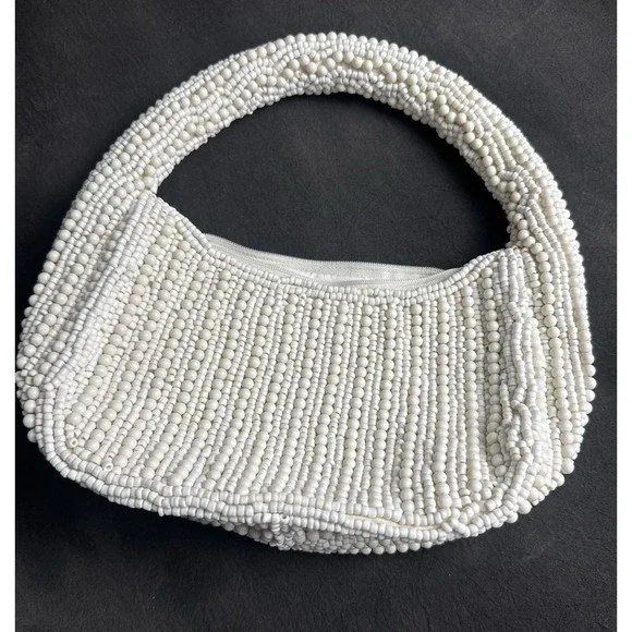 Antik Kraft White Beaded Handbag Mini Hobo Bag Bridal Coquette Y2K Boho Chic