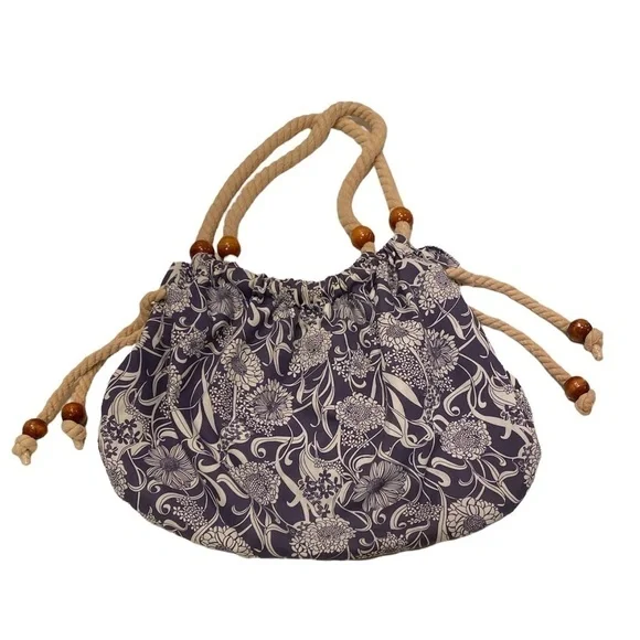 Charming Charlie Cloth Resort Summer Bag Twisted Rope Handles and Wood Beads