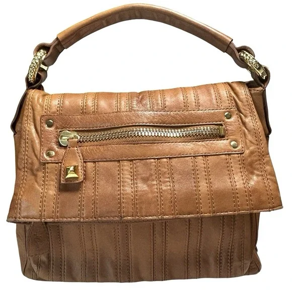 Betsey Johnson Hobo Satchel Bag Purse Softsided Boho Slouchy Studded Light Brown