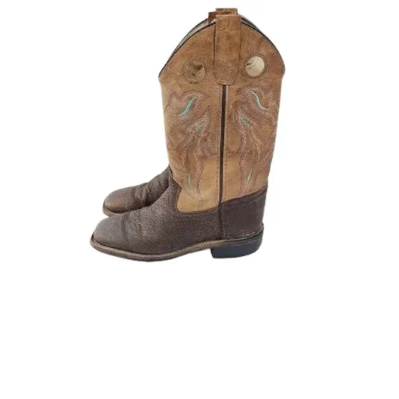 Old‎ West Kid's Brown Foot Tan Fry Top Square Toe Cowboy Western Boots Size 3.5
