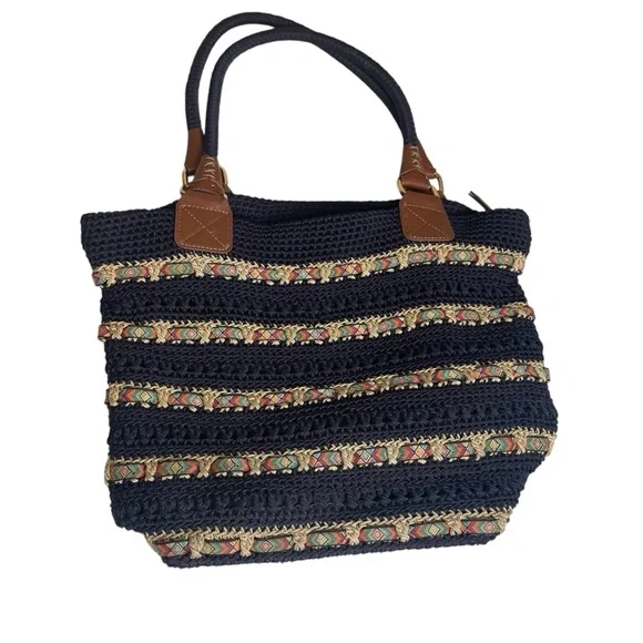 The Sak Cambria Crocheted Large Double Strap Zip Top Tote‎ Navy Woven Ribbon EUC