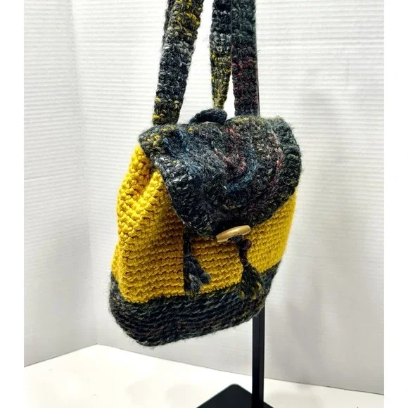 UNIQUE‎ Crochet Backpack W/hair Ties 70s Festival Hippie Blue-Yellow Boho Bag