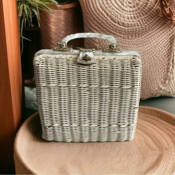Vintage White Wicker Handbag Lucite Handles Pleated Purse Made Hong Kong 9x4x8