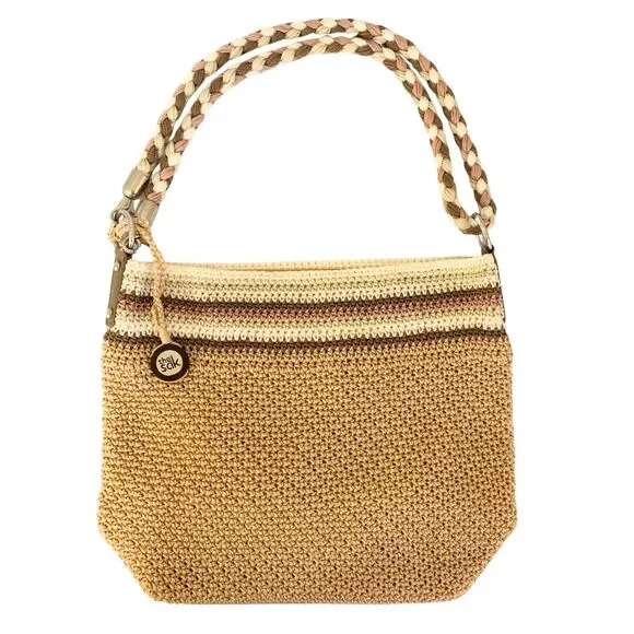 The Sak Woven Crochet Shoulder / Crossbody Bag Tan & Pink Braided Strap