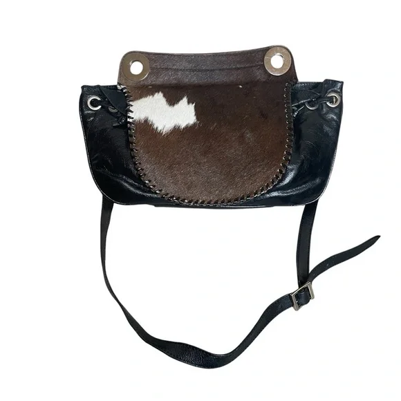 Black Leather Brown‎ White Cowhide Boho Purse Mondrina Handbag Western Cowgirl