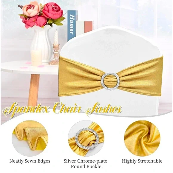 Set‎ of 10 Gold Spandex Chair Sash Bands with Buckle Accent
