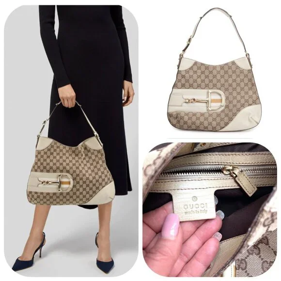 Gucci GG beige Canvas Horsebit Hasler Vintage Hobo Bag