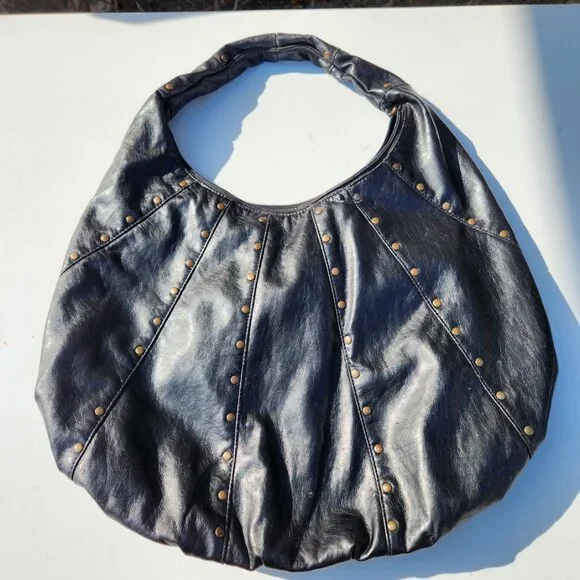 Black Faux Leather Ruched Studded Studs Oversize Slouch Hobo Shoulder Bag Lined