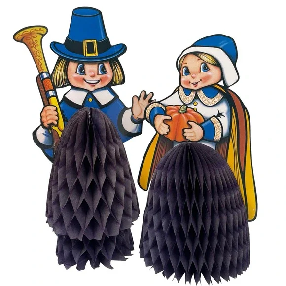Vintage Beistle Thanksgiving Pilgrim Boy Girl‎ Decorations Honeycomb 1984
