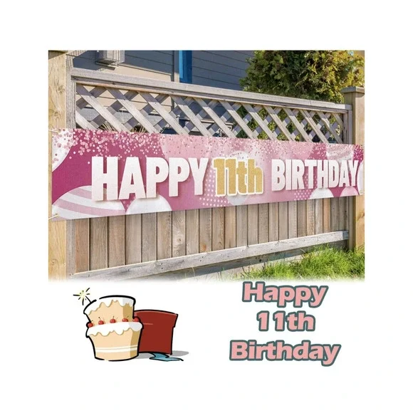 9.8 X 1.6‎ Ft Large Sign Happy 11th Birthday Banner Pink For Kids Birthday
