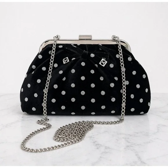 Sam & Libby New Brandi Velvet Black Polka Dot Bow Hobo Chain Crossbody Clutch