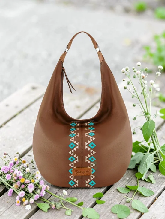 NEW Wrangler Brown Hobo Embroidery Wide Bag Turquoise Aztec Trim 18