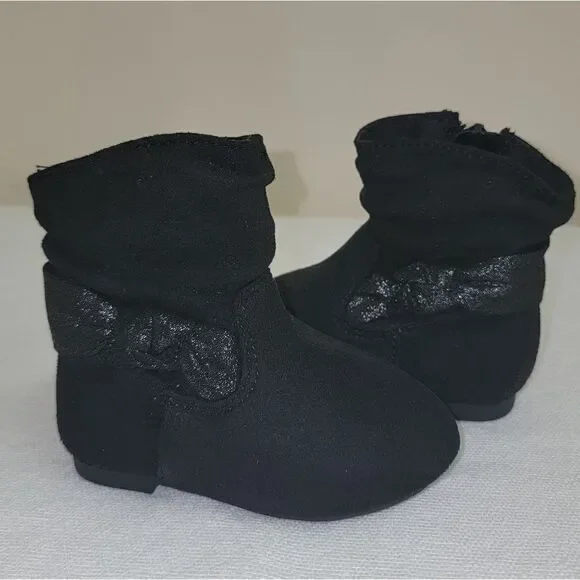 New Wonder Nation Black Side Zip Slouch Baby Girl Shimmer Boots Size 3 (3-6 mo)