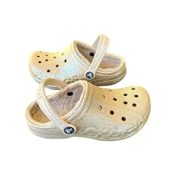 Crocs Little Kids Baya Lined Fuzzy Glitter Clogs Girls Size J 1 Gold‎
