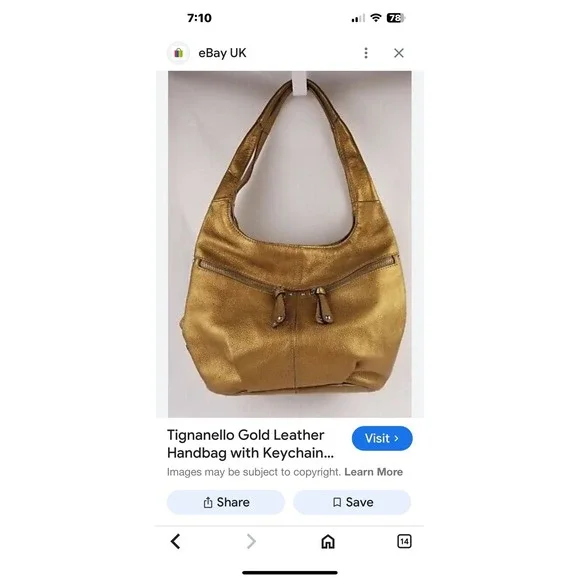 Tignanello Metallic Gold Pebble Leather Double Handle‎ Hobo Shoulder Bag