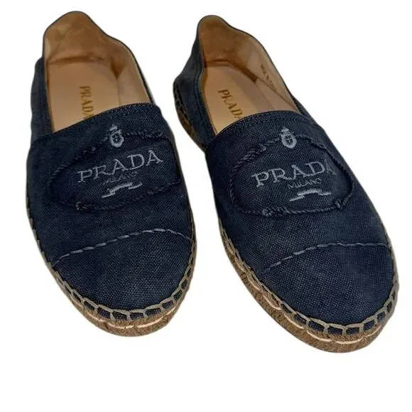 Prada Blue Denim Espadrille Flats Logo Slip On Shoes Size 37