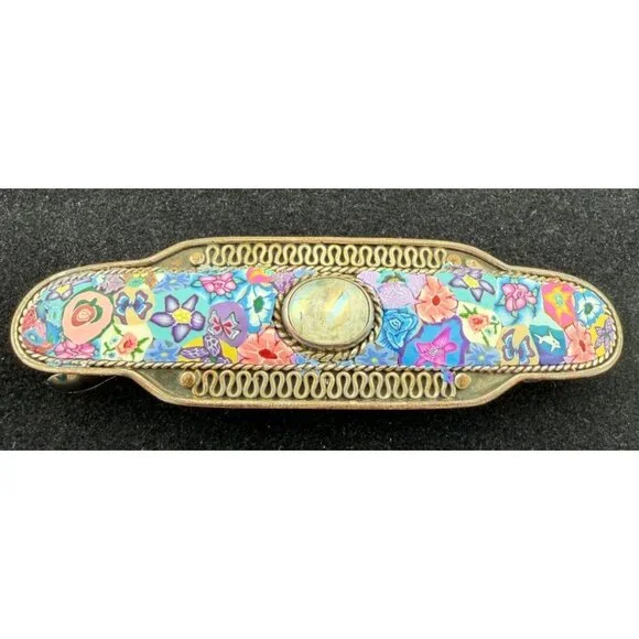 Vintage Sterling Silver Barrette with Polymer Clay Millefiori & Moonstone