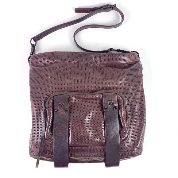 She + Lo Burgundy Perforated Leather Hobo Bucket Crossbody Shoulder Bag Edgy SEE