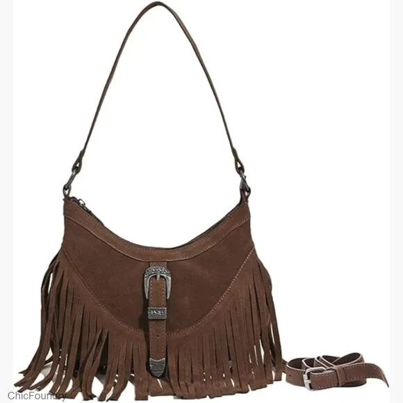 Small Fringe Hobo Shoulder Bag with Tassel, Adjustable Strap, Vintage Style