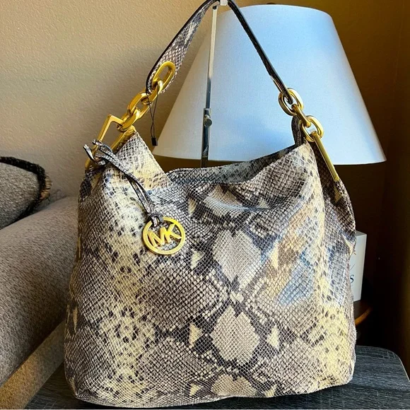 Michael Kors Ines Snake Print Leather Metal Chain Hobo Retail $498