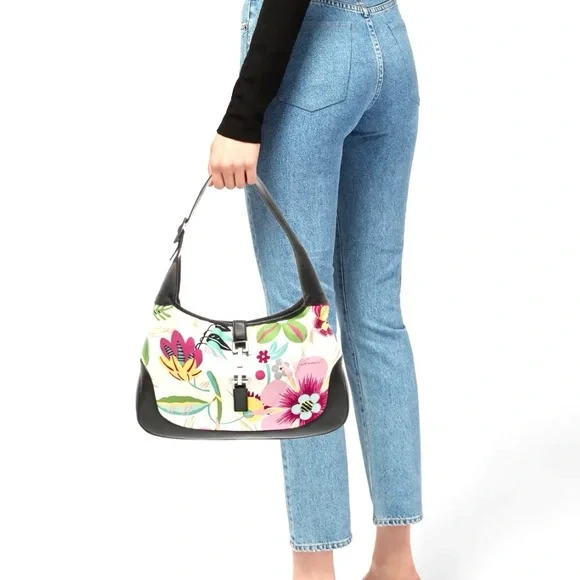 Authentic Gucci small Jackie bag black leather Flora canvas
