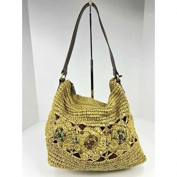 St Johns Bay Straw Hobo‎ Shoulder Bag Tan Crochet Beaded Boho Festival Purse