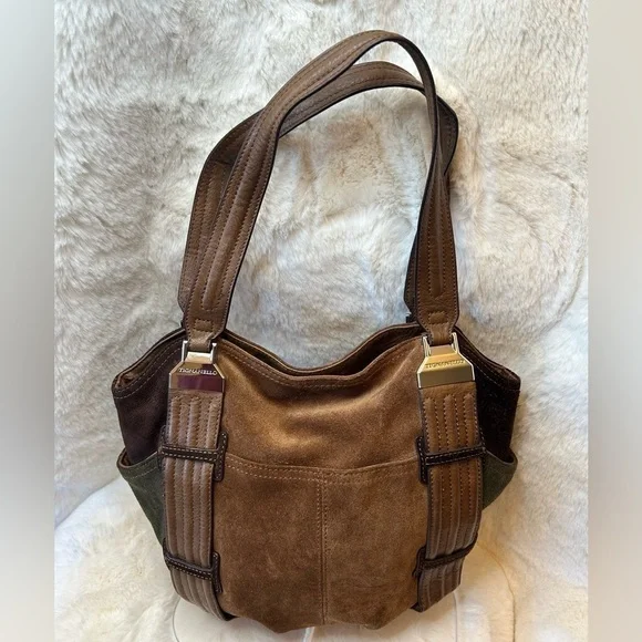 Tignanello brown suede leather colorblock shoulder bag purse w magnetic snap. H