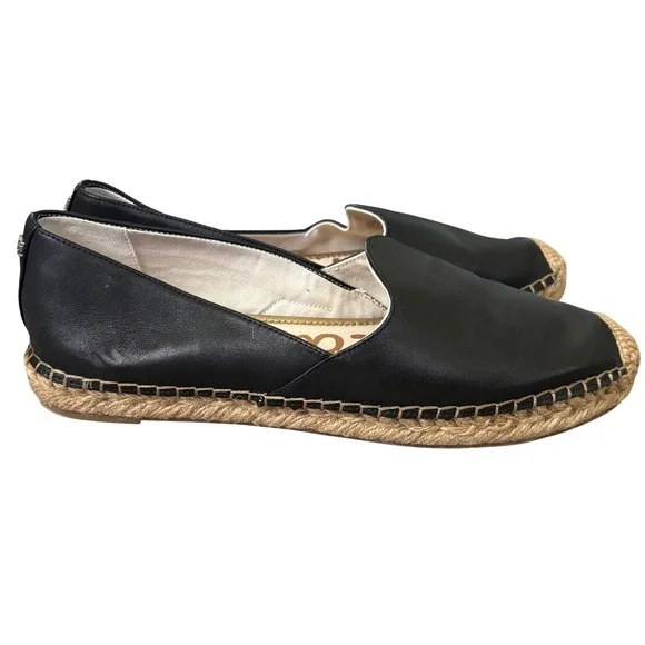Sam Edelman Kesia Slip On Espadrille Flats Sz 10 Black Leather Jute
