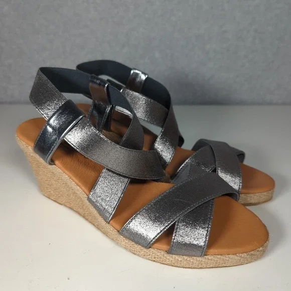 Andre Assous Leather Dalmira Espadrille Wedge Sandal Slingback Womens 9M Pewter‎