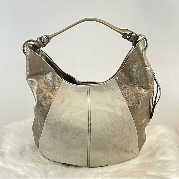 Leather Metallic Silver/Beige Hobo Shoulder Bag
