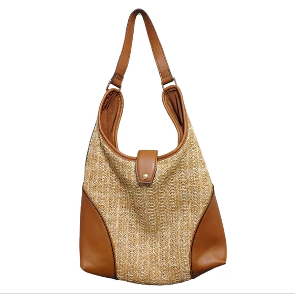 Steve Madden Wicker Beige Brown Faux Leather Hobo Shoulder Bag Handbag Purse