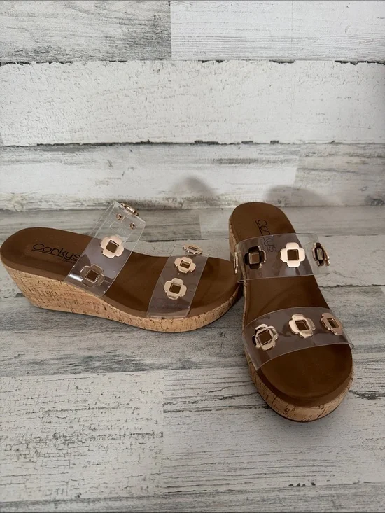 CORKYS CLEAR HIGH TIDE GOLD TRIM WEDGE SHOES - 9