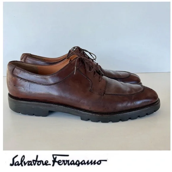 SALVATORE FERRAGAMO Italy Brown Leather Lace Up Lug Sole Derby Shoes Sz 11.5 D