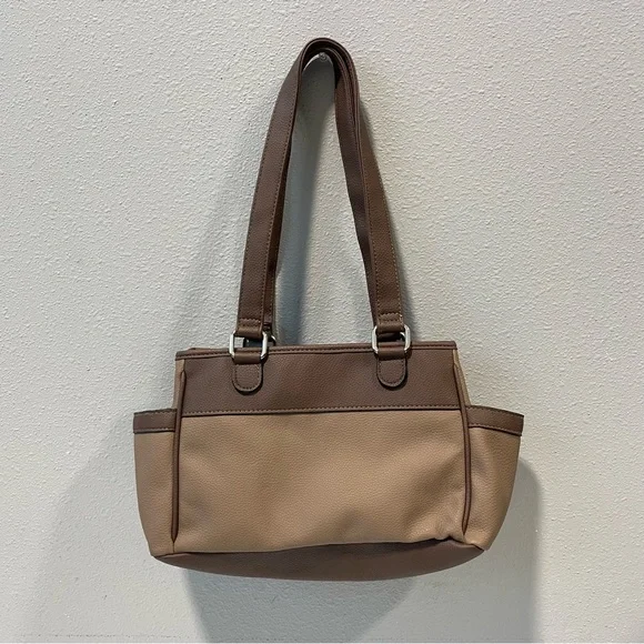 Faux Leather Double Opening Center Zip Purse Hobo‎ Bag Brown And Tan