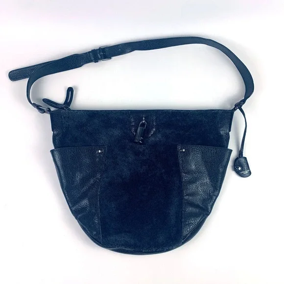 Olivia Harris Tribeca‎ Black Fur & Leather Shoulder Bag Hobo Lock & Keys Detail