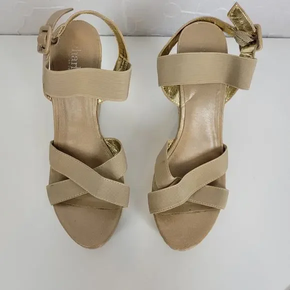 Charles Womens Sandals Size 7.5 Beige Tie Counter Espadrille Platform Wedge