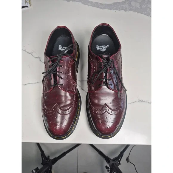 Dr. Martens Vegan 3989 Brogue Cherry Red Oxford Rub Off Wingtip Shoes