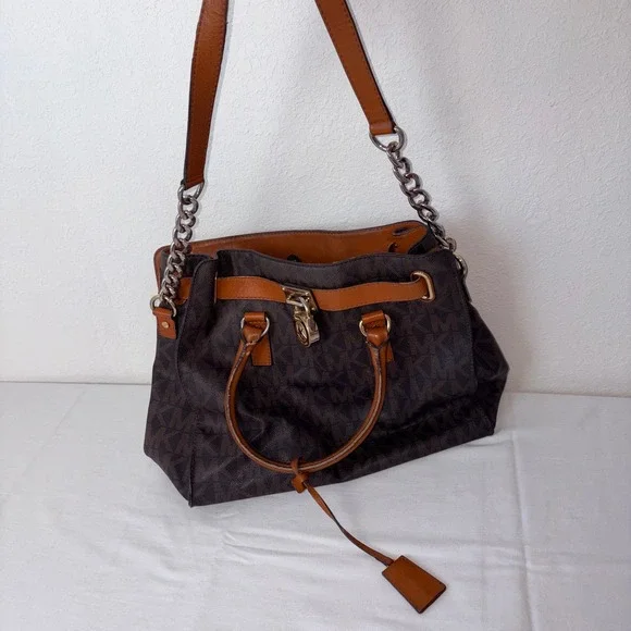 Michael Kors hamilton signiture Monogram Satchel Bag Brown Leather Chain Strap