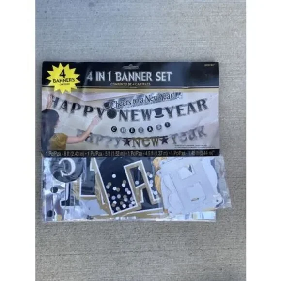 New Years Eve Letter Banner 4 Pack Silver Gold Black