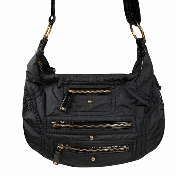 Tod's Tods Pashmy Luna‎ Black Nylon & Patent Leather Hobo w Zipper Detail