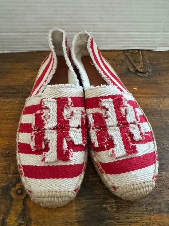 Tory Burch Fray Stripe Espadrille Flats Red White Canvas Logo Slip On Shoes 8.5