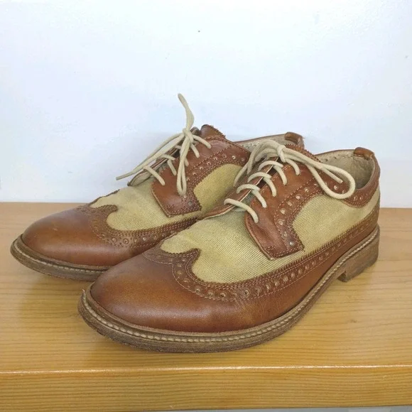 Frye Company John A. Frye Wingtip Oxford Men's 10D Brown Leather Canvas Brogue