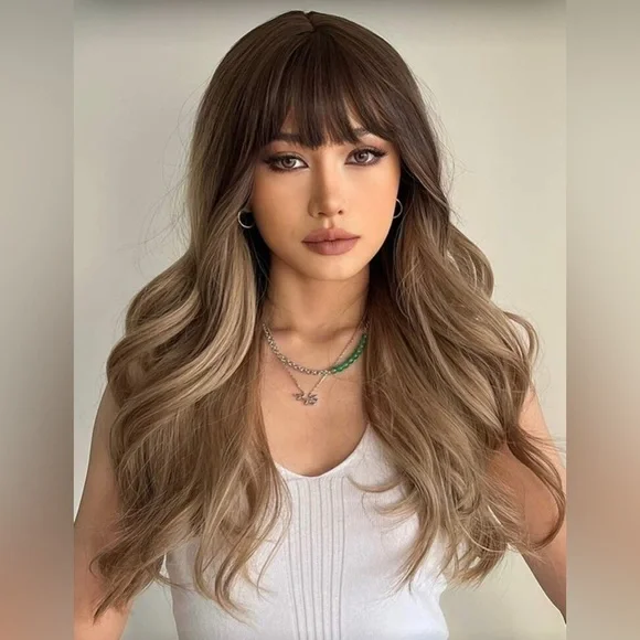 24 Inch. balayage Brown. & Medium ash Blonde Wavy wig with bangs | Natural look