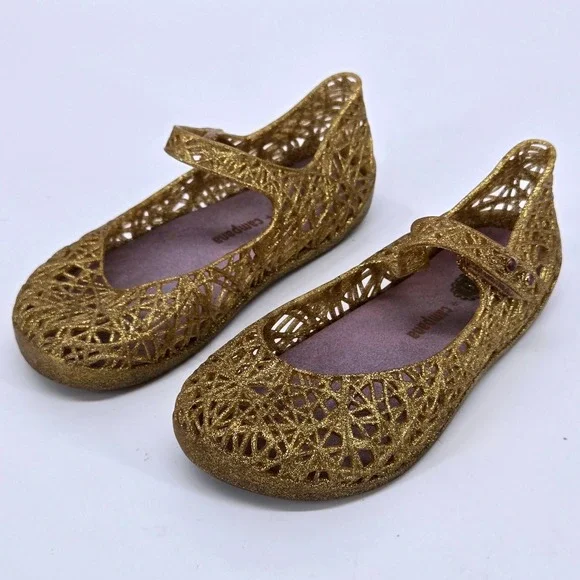 Mini Melissa Campana Zig Zag Gold Glitter Jelly Mary Jane Shoes Size 10 Toddler