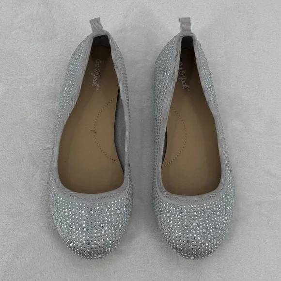 Cat & Jack Silver Rhinestone Ballet Flats Girls Size 1 Sparkly Dress Shoes