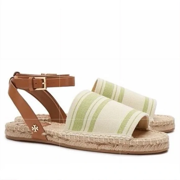 TORY BURCH Green Beige Leather Canvas Buckle Strap Wrap Flat Espadrilles Sz 10.5