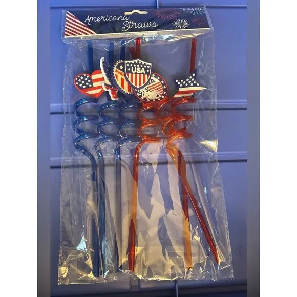 New Americana Straws Patriotic Spiral Drink Straws - Red & Blue USA Flags 6 pc