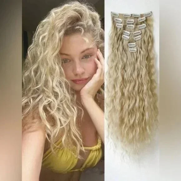 Natural Curly Ash light Blonde Volumizing beautiful Hair extesnsions Set 24 in