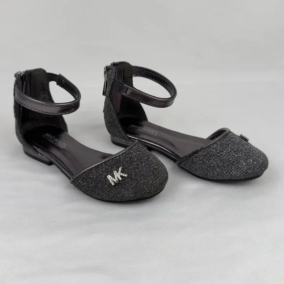 Michael Kors Girls Sz 8 Gunmetal Glitter Mary Jane Flats Ankle Strap